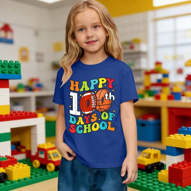 Las niñas camiseta de manga corta - de vuelta a la escuela Casual de alta calidad camiseta de algodón suave, tamaños de 2-13 años, 14 colores, lindo diseño de 100 días de impresión gráfica