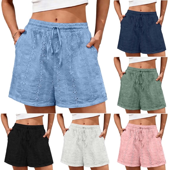 Women's Casual Shorts with Loose Eyelets and Elastic Waist Double Pocket Casual Shorts | Aestivo,Black L