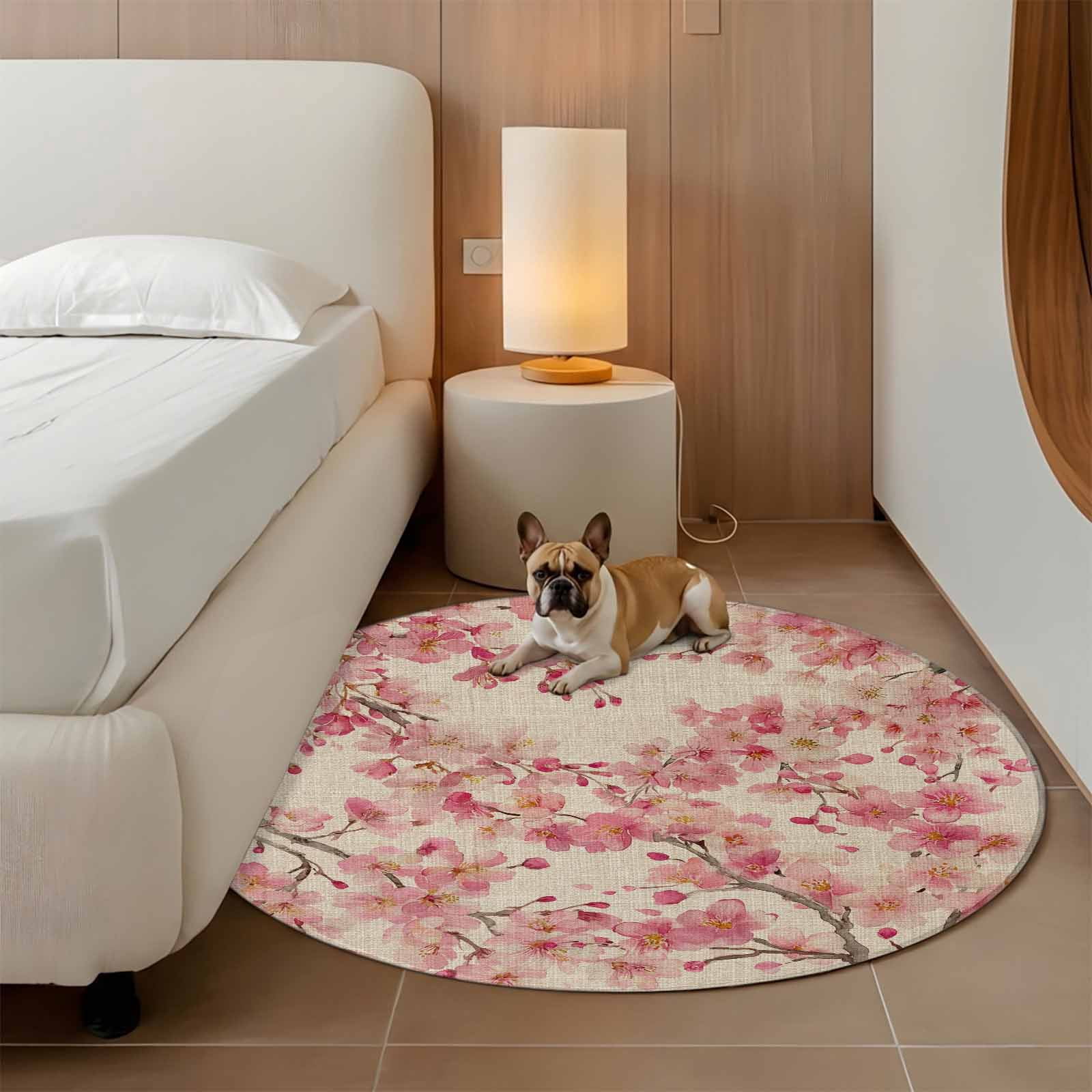 Peaches Branches Round Area Rug 5Ft Washable Circle Rugs for Living Room Bedroom, Farmhouse Spring Botanical Pink Flowers Non-Slip Carpet Floor Mats Indoor Outdoor Carpet Runner Aesthetic Home Decor