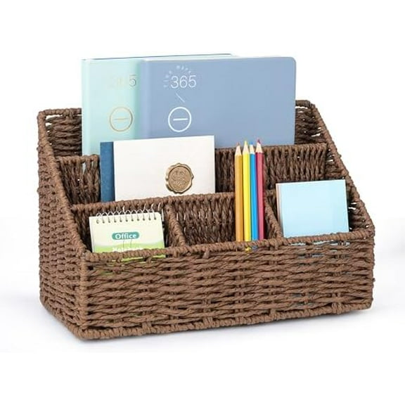 Rattan Desk Organizer, Tabletop Mail Holder, 5 Slot Mail Organizer Countertop Basket, Rattan Office Supplies, Boho Office Desk Accessories, Wicker Desk Organizer, Magazine Holder（Brown）