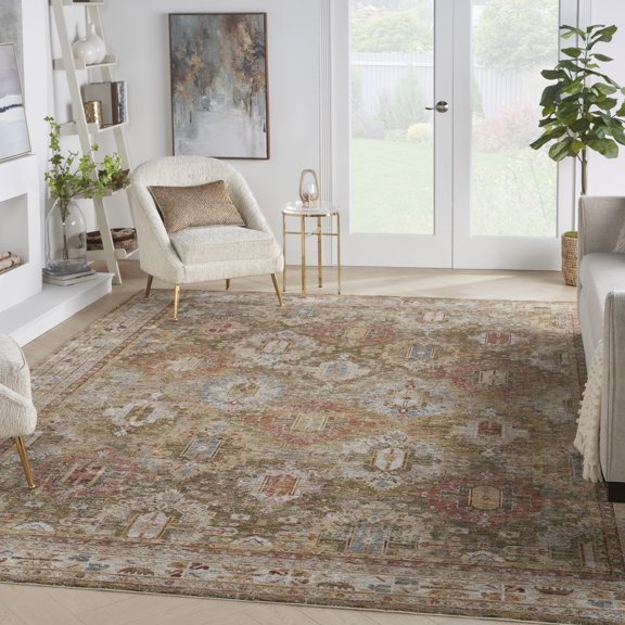 Nourison Petra Green 9'3" x 12'7"Area Rug, Traditional, Persian, Easy Cleaning, Non Shedding, Bedroom, Living Room, Dining Room, Kitchen, (9' x 12')