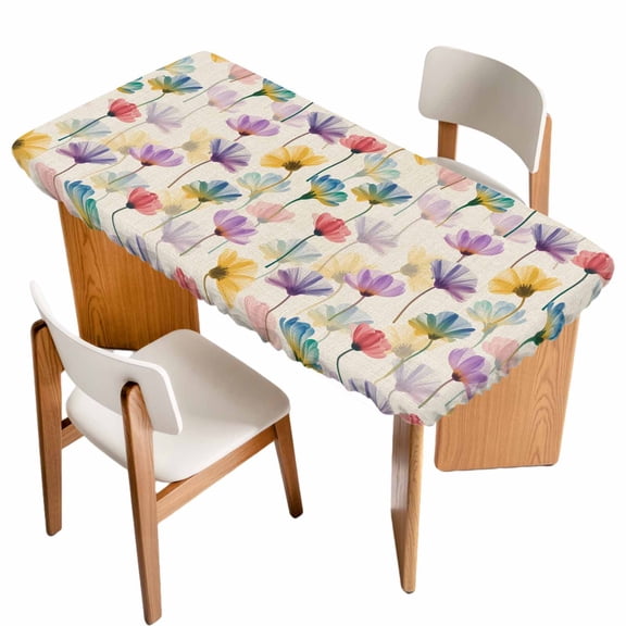 Spring Flowers Table Cloths for 5 Foot Rectangle Tables, Watercolor Floral Vintage Beige Patio Waterproof Elastic Fitted Tablecloths, Washable Rectangular Table Cover for Camping