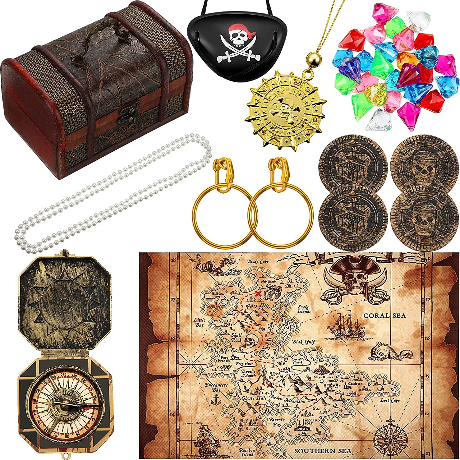 NEW PIRATE TOY TREASURE SET WITH GEMS MAP COMPASS CHEST EYEPATCH TY7783 