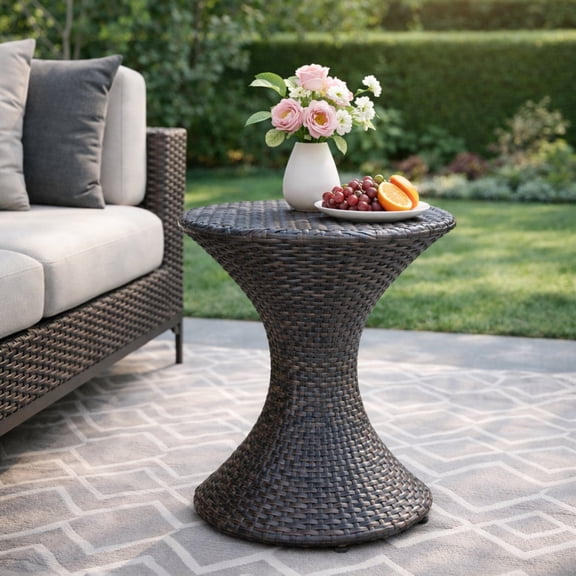 Rattan Hourglass Side Table for Patio, 16.25-inch Brown Multi Wicker Accent Table for Garden, Backyard, and Outdoor Spaces