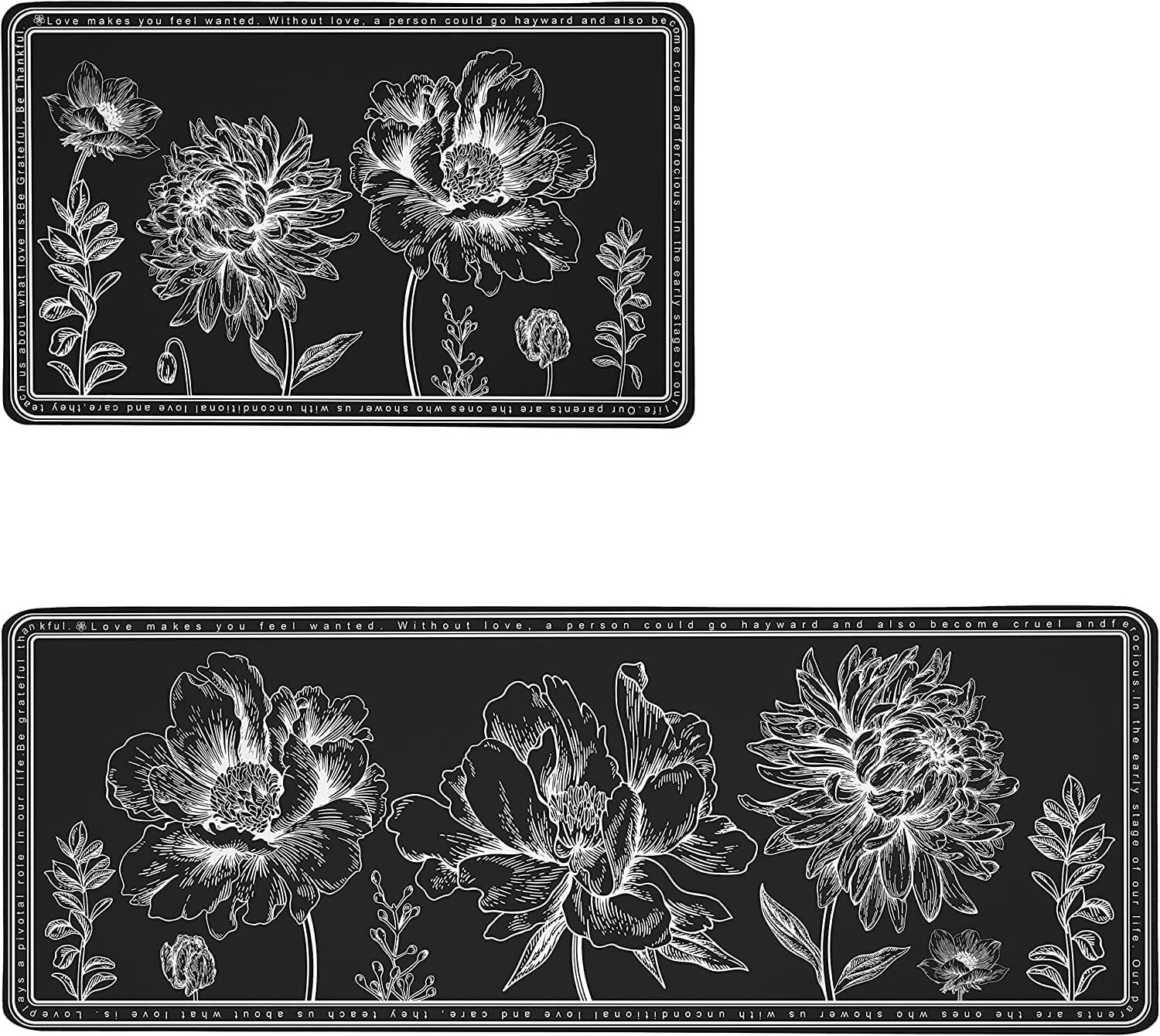 Black Floral Kitchen Mats Set of 2, Goth Black and White Kitchen Rugs