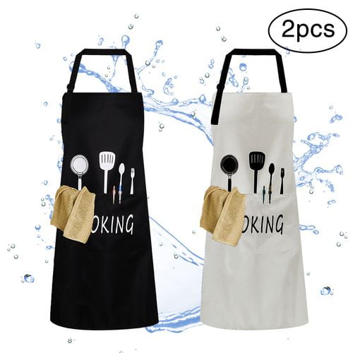 KABOER 2Pcs Aprons for Women Waterproof Smock Oil Proof Kitchen Water Resistant with Big Pockets Adjustable Cute Apron Creative Barbecue Baking for Men ChefWhite Black