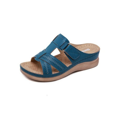 

Woobling Ladies Wedge Sandals Beach Slides Summer Orthotic Sandal Womens Slide Slippers Comfort Casual Shoes Platform Peep Toe Blue 5.5