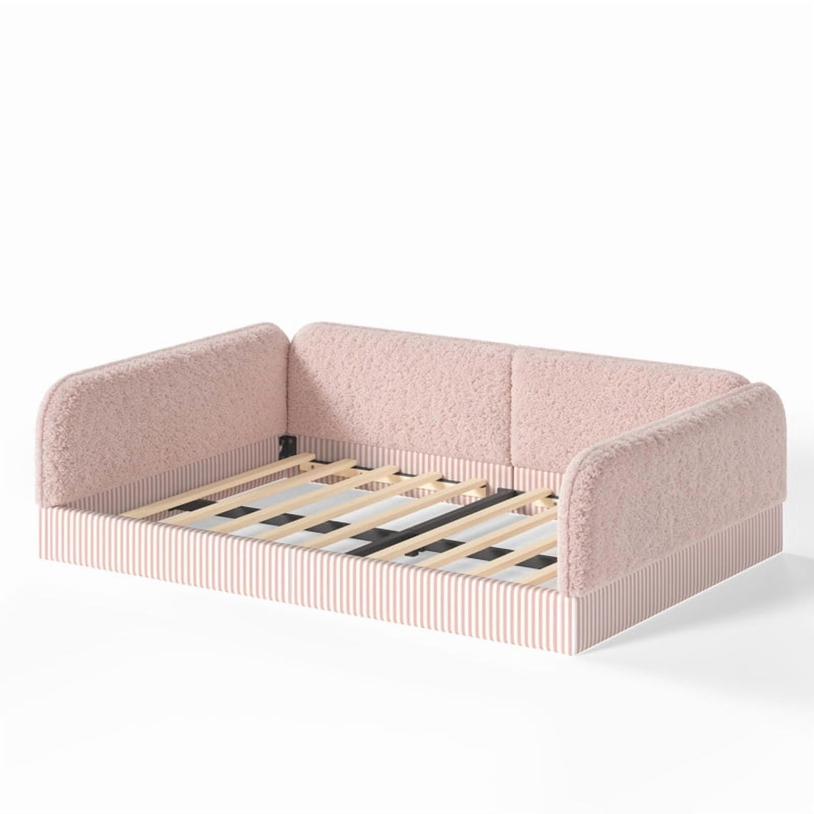 Full Size Upholstered Floor Daybed Frame for Kids, Half-Enclosed Montessori Platform Bed with 3-Sided Surrounding Guardrails