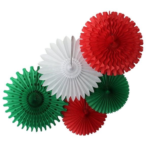 Devra Party Red, White, and Green Large Tissue Paper Fan Decorations, 13 and 18 Inches (5 Piece)