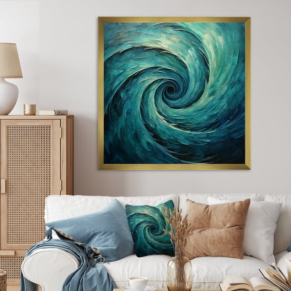 Designart "Majestic Motion In Teal III" Abstract Spirals Picture Framed Wall Art Living Room