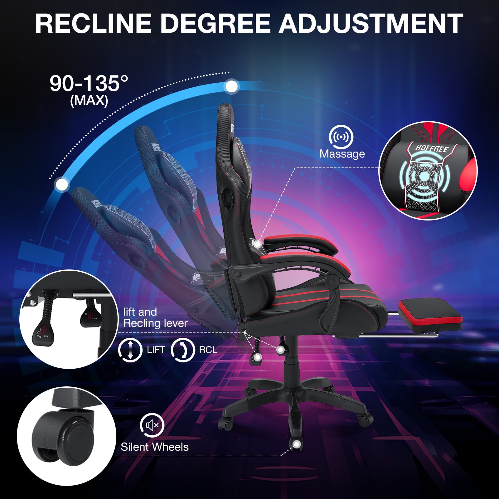 Hoffree Big and Tall Gaming Chair with Speakers Office Chair with Footrest Heavy Duty Gamer Chair with Lumbar Support Height Adjustable 360-Swivel Seat and Headrest for Adults, 400lbs
