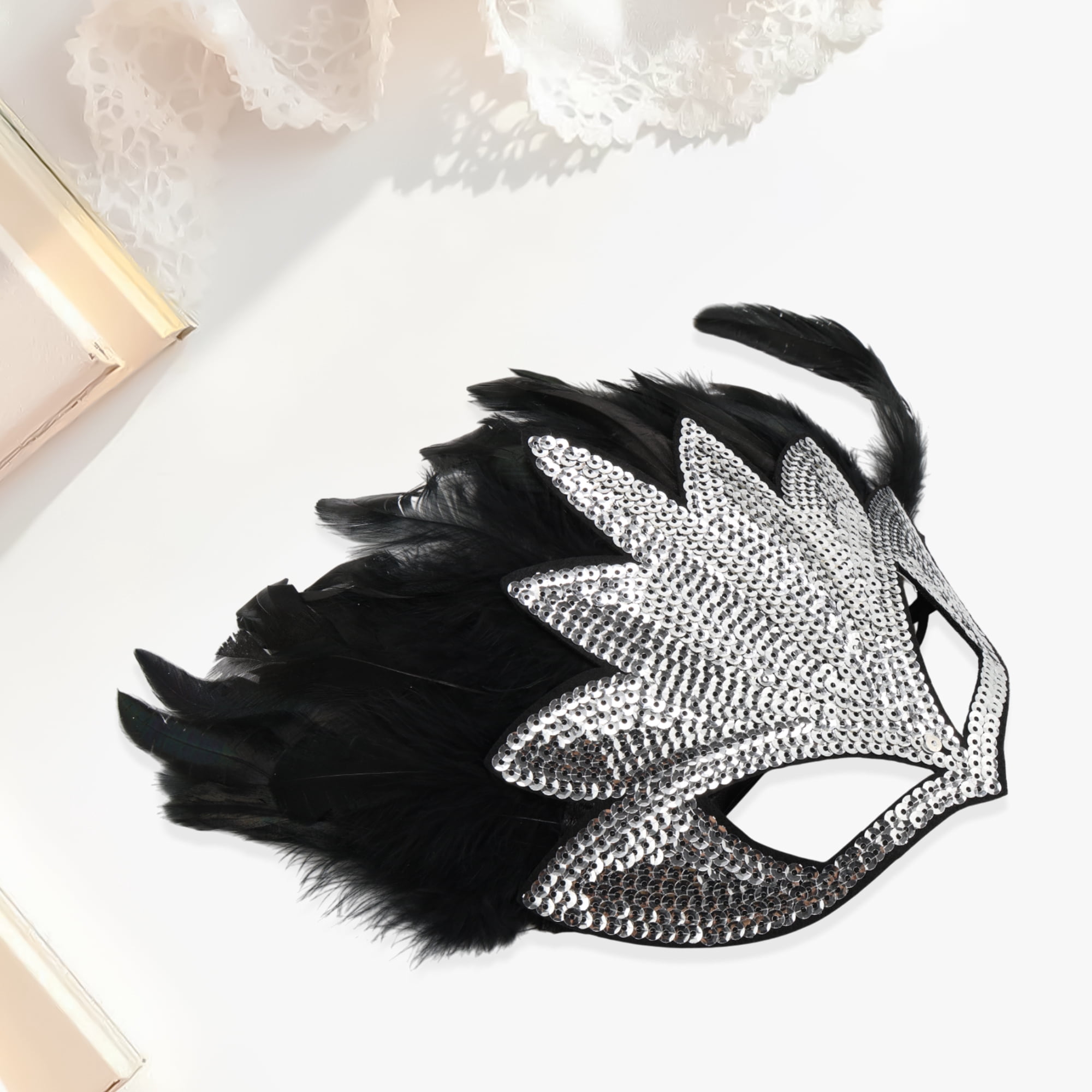 Unique Bargains 1 Pack Elegant Sequined Feathers Party Mask Silver Tone