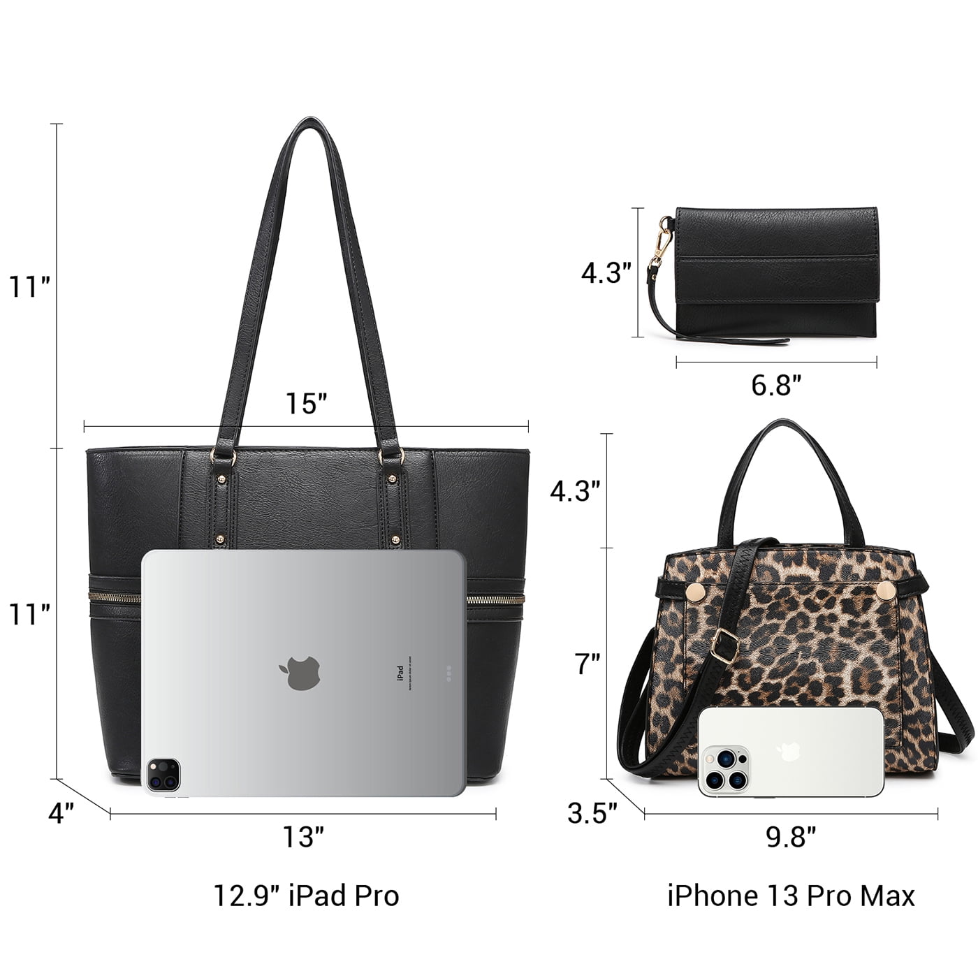 VANSARTO Women's Vegan Leather Tote Handbag Set, Black/Leopard, 3 Piece