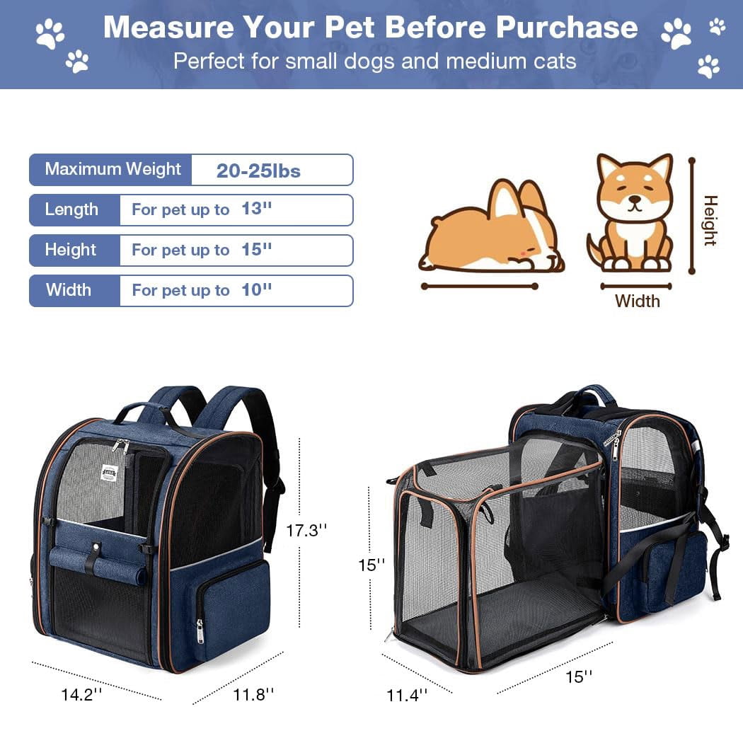 Extra Large Expandable Cat Backpack Carrier, Pet Carrier Backpack for Small Dogs & Medium Cats, Supports Up to 18 Lbs, Foldable Design for Travel Hiking Outdoor Use, Breathable Pet Backpack, Blue