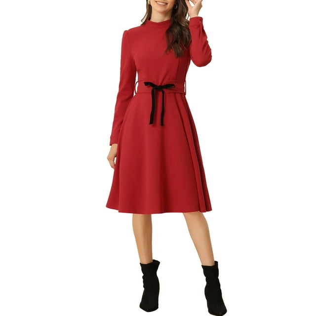 INSPIRE CHIC Robe Midi en Tricot pour Femme, Élégante, Col Montant, Manches Longues, Taille à Nouer, Travail, TG, Rouge