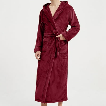 

JNGSA Men Solid Casual Extended Hooded Thickened Flannel Nightgown Homewear Bathrobe Clearance