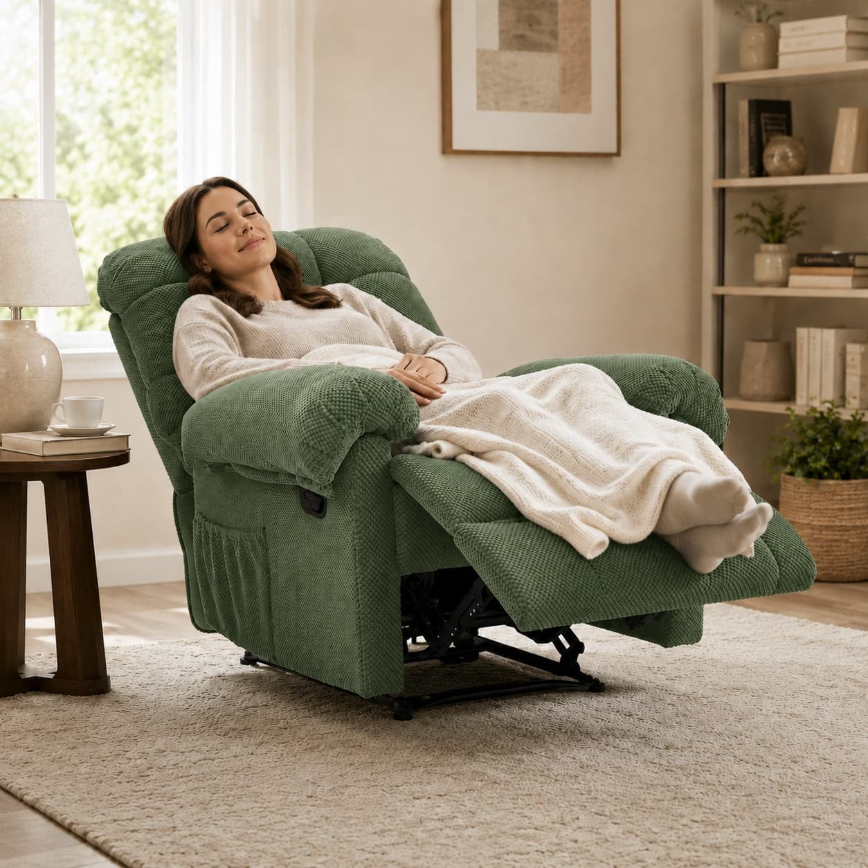 Aukfa Overstuffed Manual Recliner Chair, Upholstered Glider Lounge Armchair with Footrest for Bedroom Reading,Green