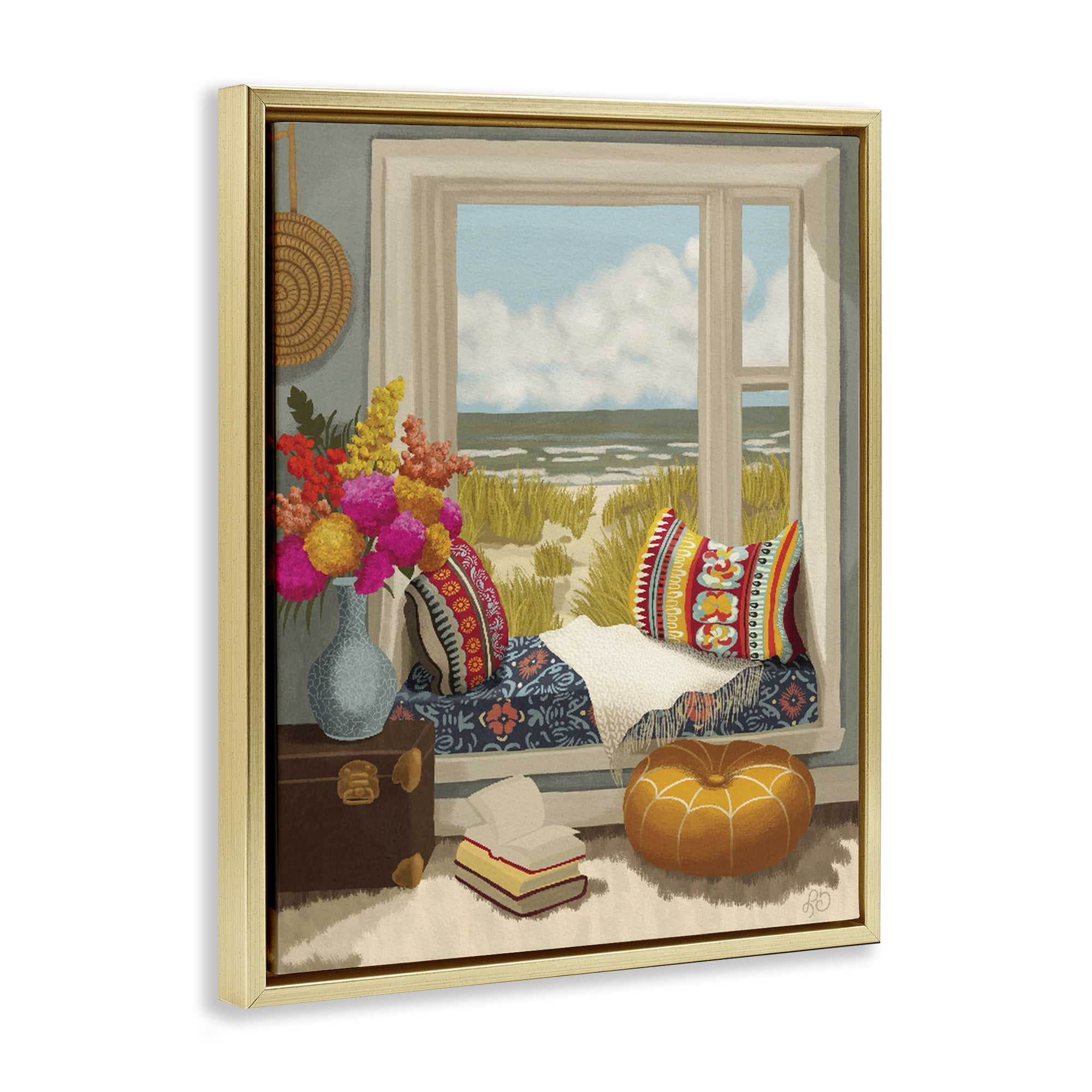 Stupell Industries Coastal Vacation Window Seat Gold Framed Floater Canvas Wall Art, design by Lisa R Dumm