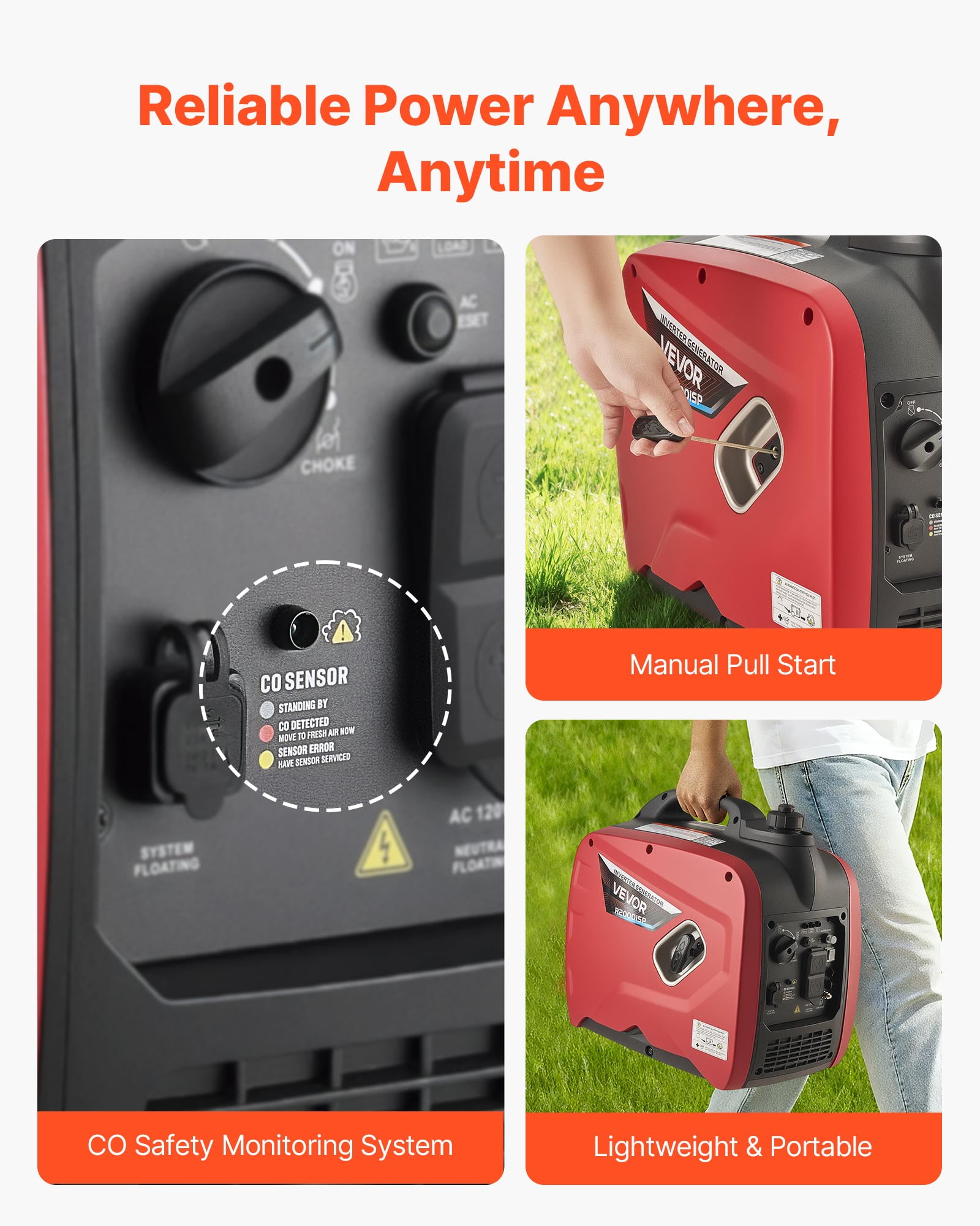 VEVOR Inverter Generator, 2900W Peak Watt Quiet Inverter Generator, Portable Inverters Generators for Home Use, Gas Powered, Compact and Lightweight Design - Stable Power, CO Sensor, Orange/Black
