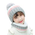 thumbnail image 1 of 2 Pcs/Set Kids Winter Hat Scarf Set Plush Knitting No Brim Fur Ball Decoration Contrasting Color Cold-proof Thick Neck Protection Baby Bonnet Scarf Set for Daily Wear, 1 of 10
