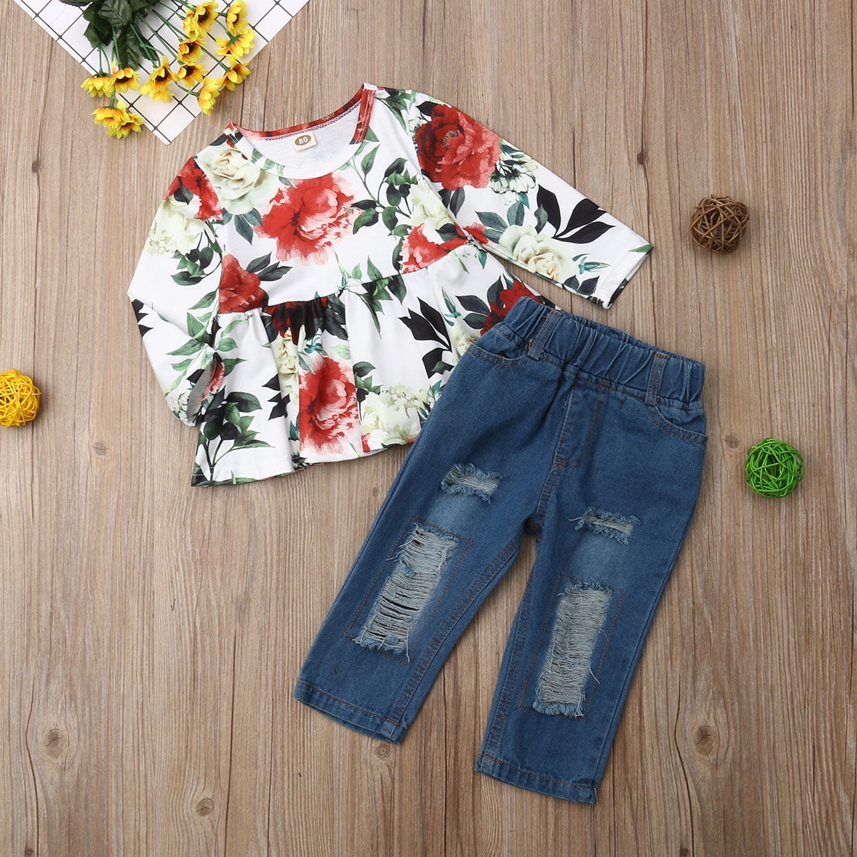 denim and floral outfit