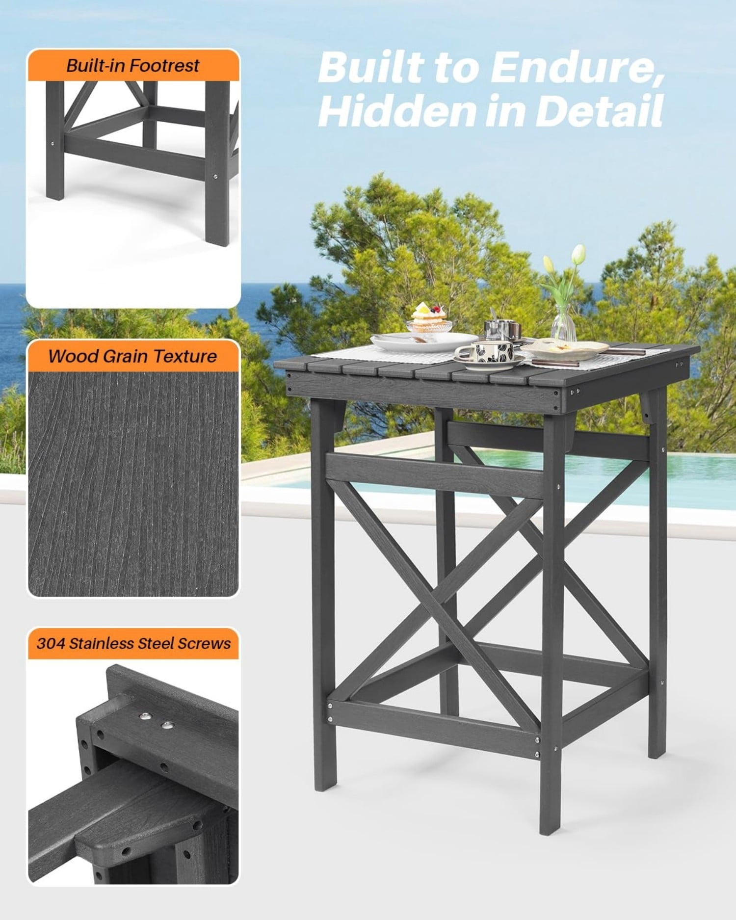 HDPE Outdoor Bar Table, 41" Adirondack Patio Bar Height Table, Weather Resistant High Top Pub Table for Poolside, Balcony, Porch, Garden, Smoke Gray