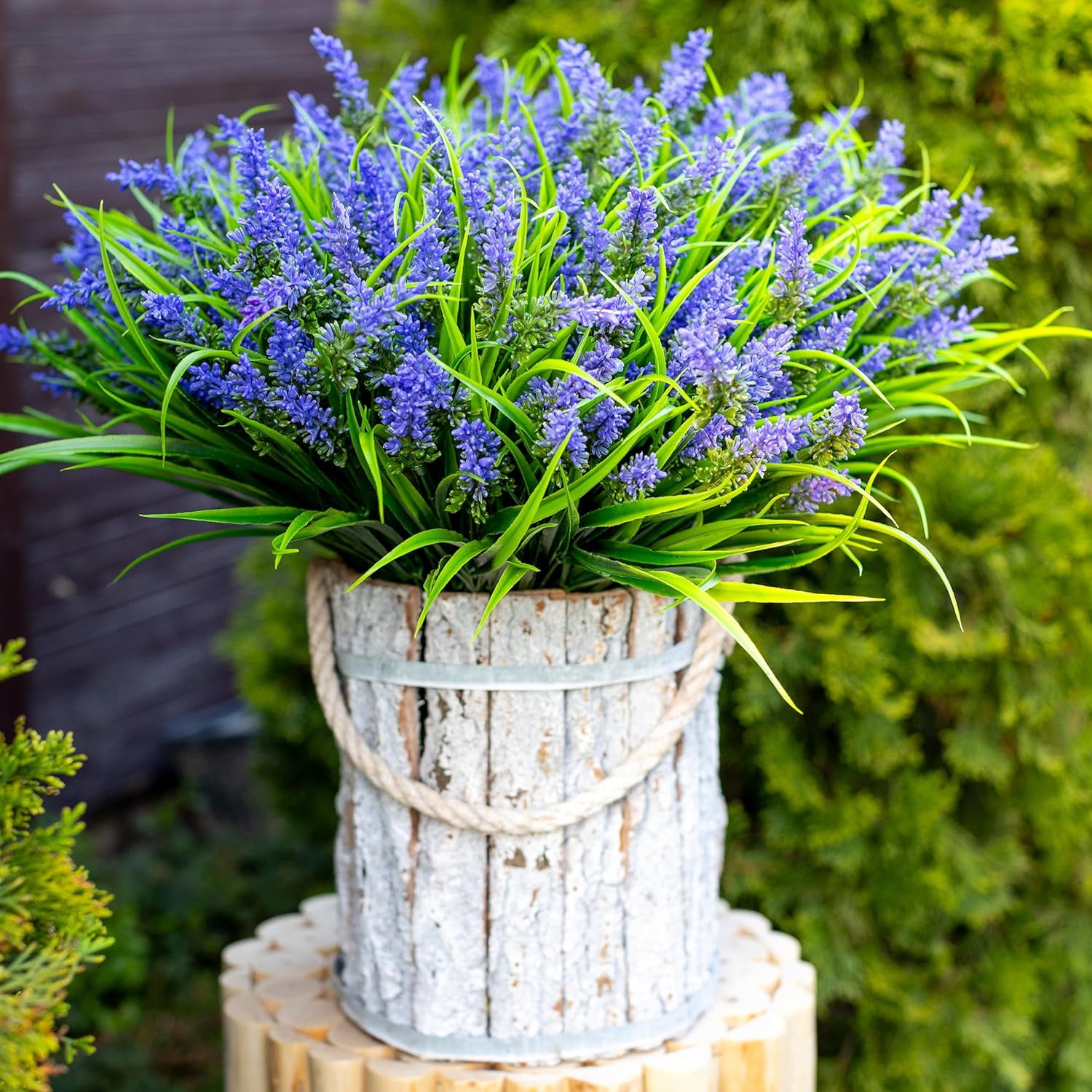 4PCS Artificial Flowers for Outdoors, Fake Lavender with Grass UV Resistant Plastic Faux Autumn Plants for Garden Thanksgiving Home Decor (Purple)