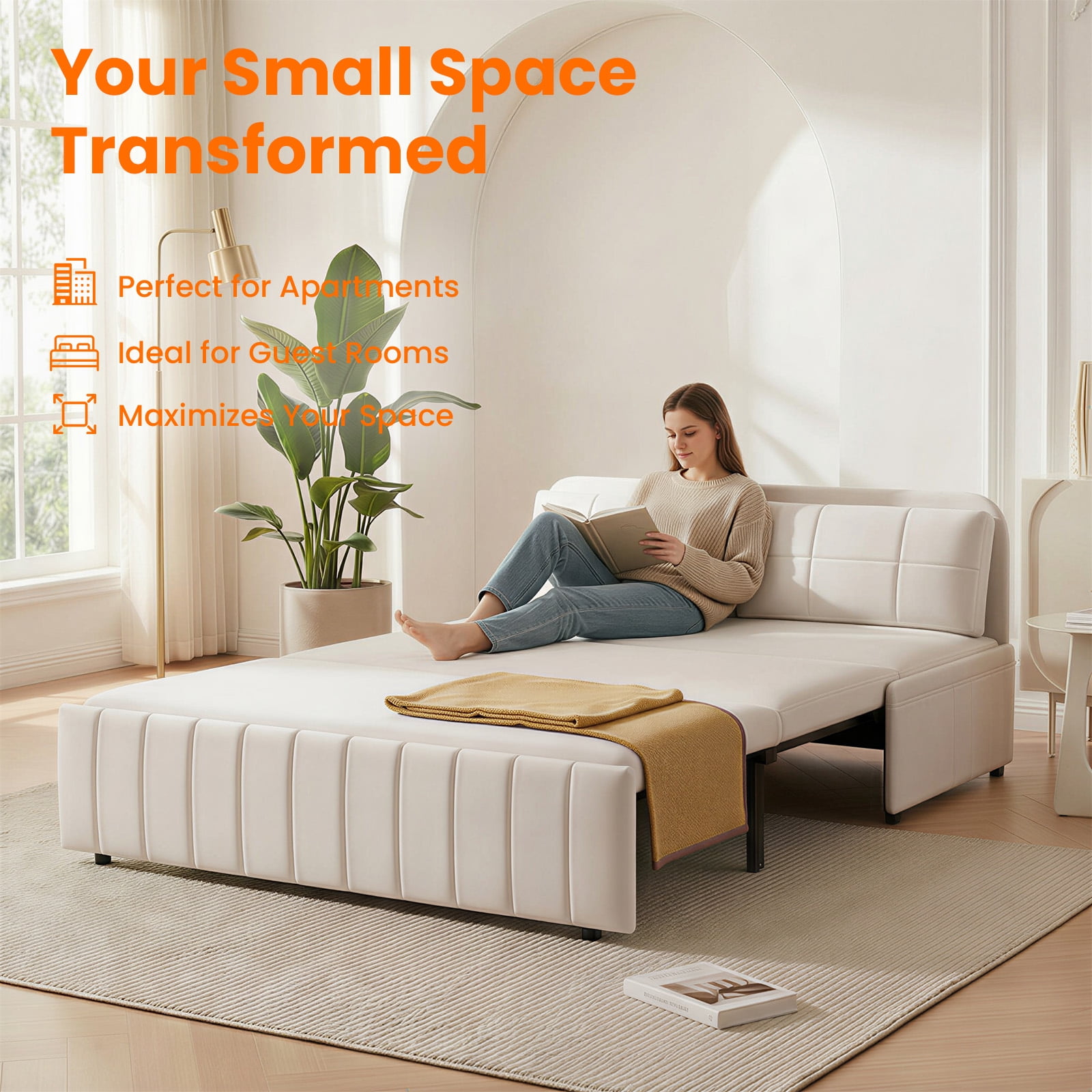 Puremind Queen Size Pull Out Sofa Bed, Convertible Sleeper Sofa with Pull Out Bed, Loveseat Couch Bed with Pillows for Living Room/Apartment, Beige