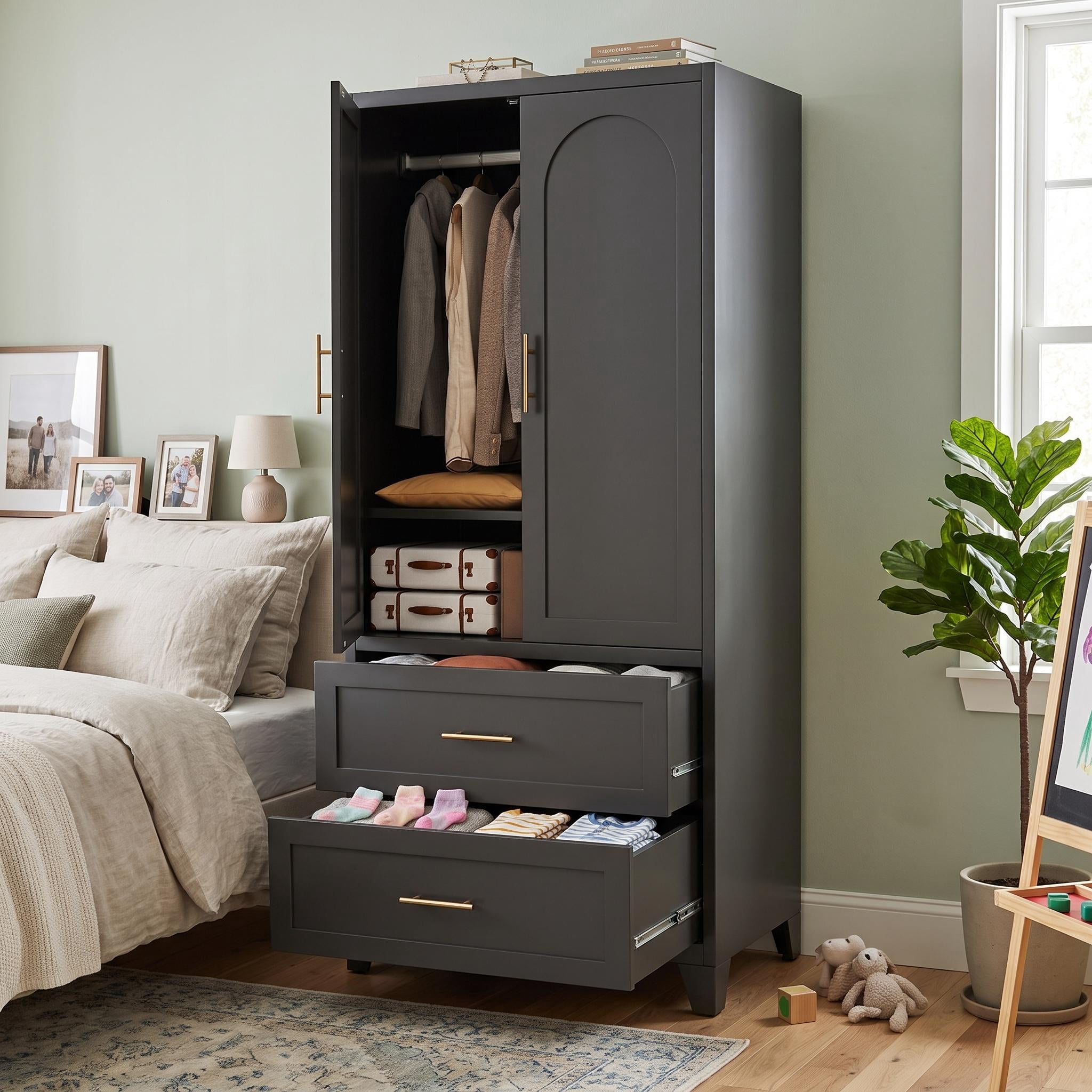 Homy Casa 71" Freestanding Armoire Wardrobe Closet with Doors & Drawers for Bedroom, Guest Room, Black