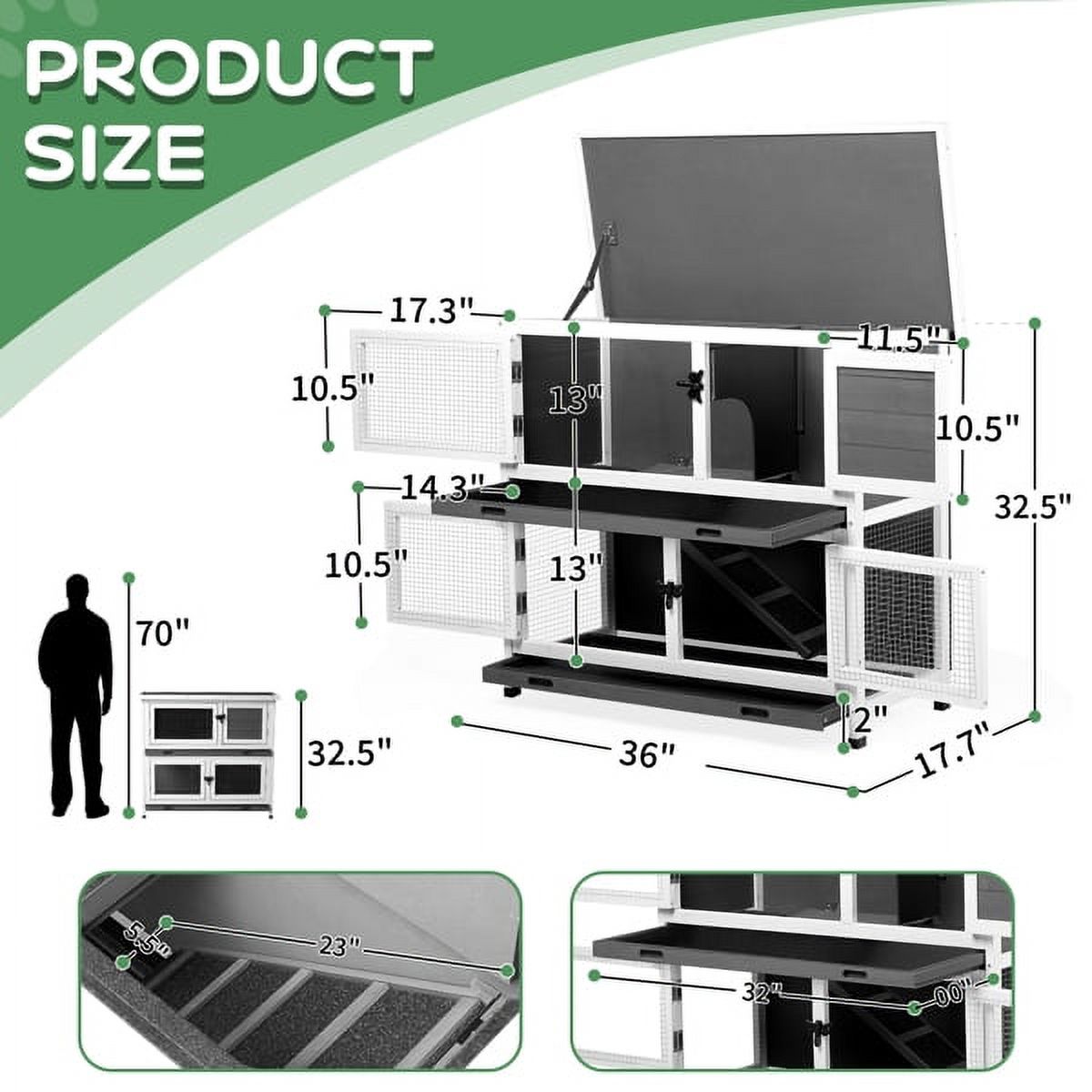 Imerelez 2 Tiers Solid Wood Rabbit Hutch Bunny Cage with 2 Large Main Rooms, Indoor Outdoor Rabbit House Guinea Pig Cage Pet House for Small Animals with 2 Removable Trays, Grey