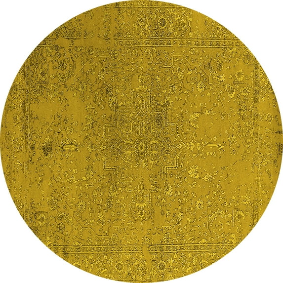 Ahgly Company Machine Washable Indoor Round Oriental Yellow Industrial Area Rugs, 7' Round