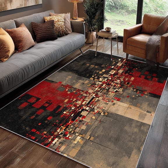 Red Black Beige Abstract Area Rugs, Distressed Geometric Carpet, Washable Non Slip Low Pile Soft Rug for Living Room Bedroom Home Office Decor Mat 2x3ft