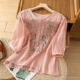 thumbnail image 2 of MIXUE Womens Summer Tops Solid Color Floral Embroidered Round Neck Long Sleeve Fashion Casual Shirts For Women T-shirts Streetwear,Pink,M, 2 of 6