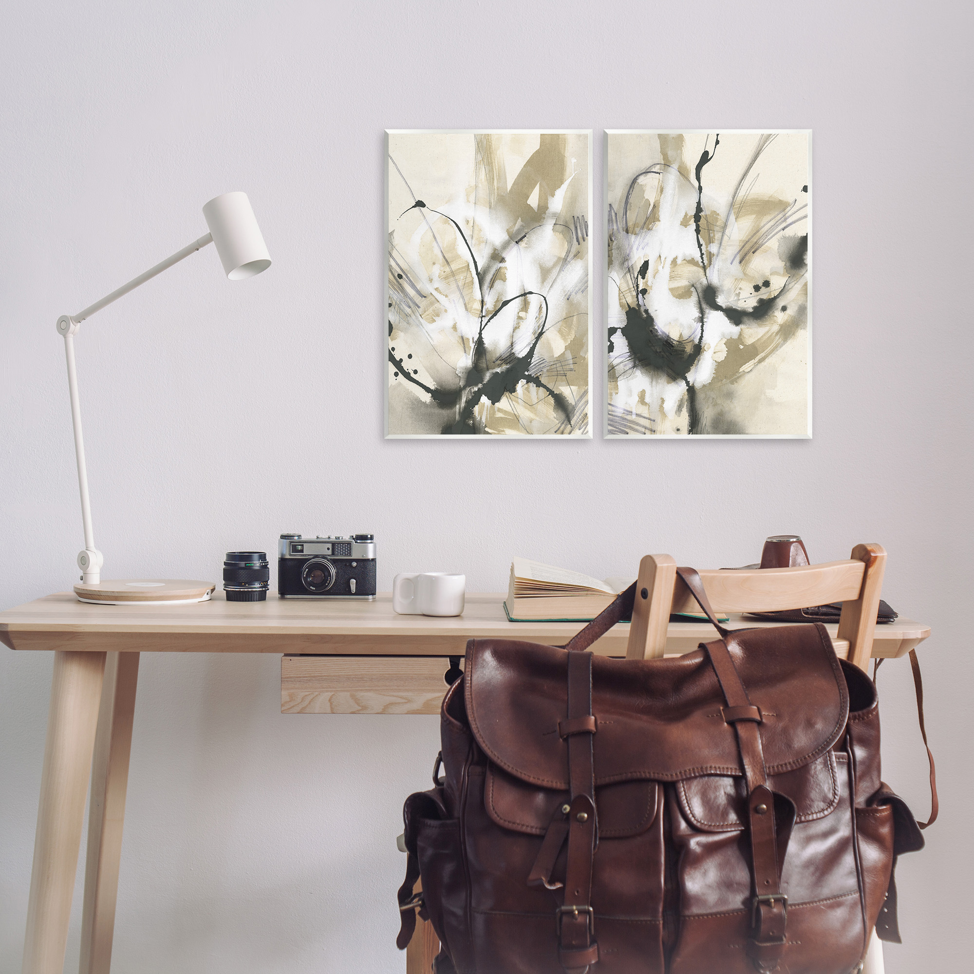 Stupell Industries Beige & Black Splatter Abstract Painting Unframed Art Print Wall Art, 13 x 19, Set of 2