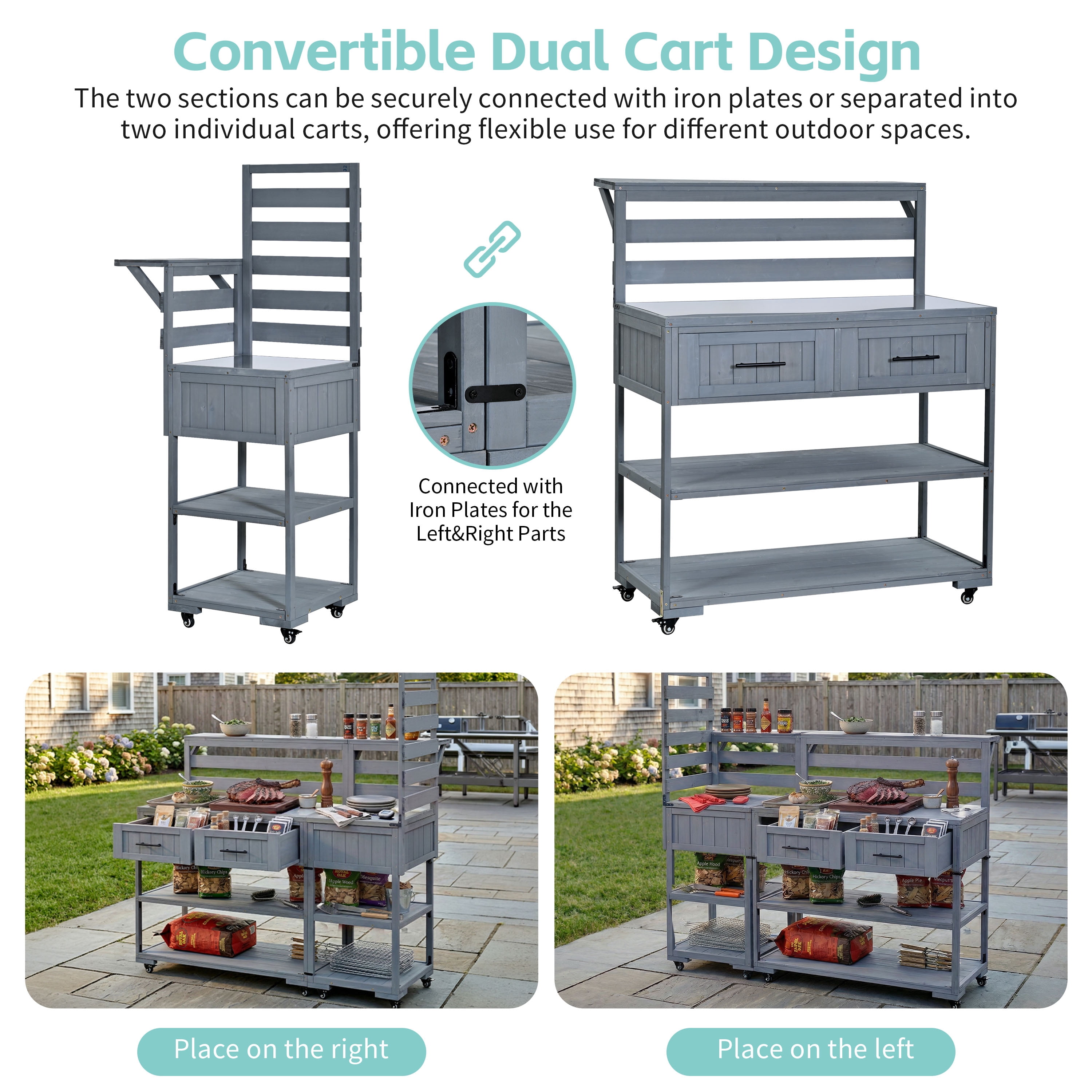 Mintazer 62.3" Patio Kitchen Island Cart with Raised Shelf and Drawers, 2-in-1 Outdoor BBQ Grill Cart & Garden Potting Bench, Rolling Workstation with Stainless Steel Top, Gray