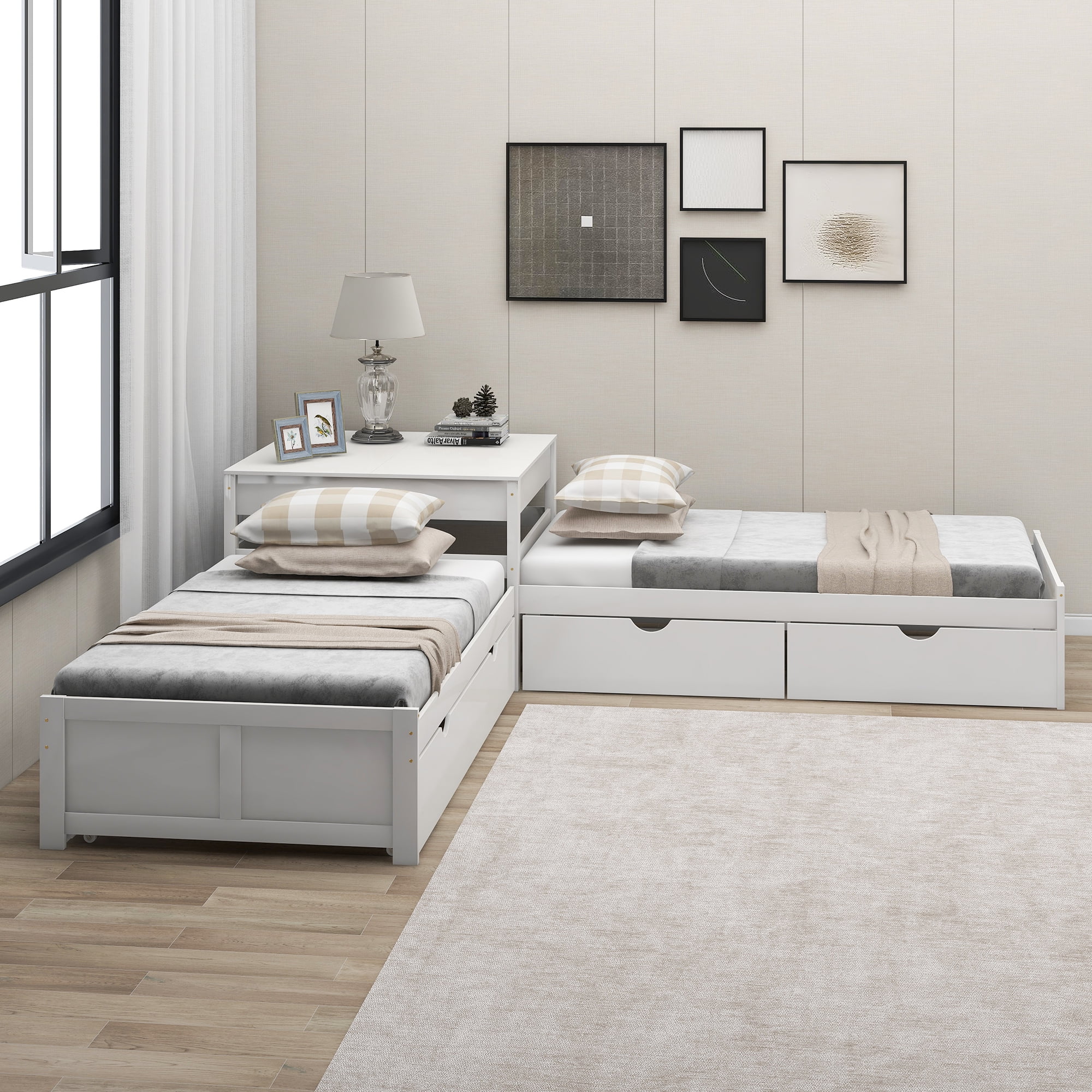 Euroco Pine Wood L-Shaped Twin Platform Bed with Trundle, 3 Beds in One for Bedroom, Trundle Bed with Drawers and Built-in Desk, White