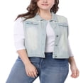 thumbnail image 2 of Unique Bargains Women‘s Plus Size Chest Pockets Single Breasted Denim Sleeveless Jacket, 2 of 6