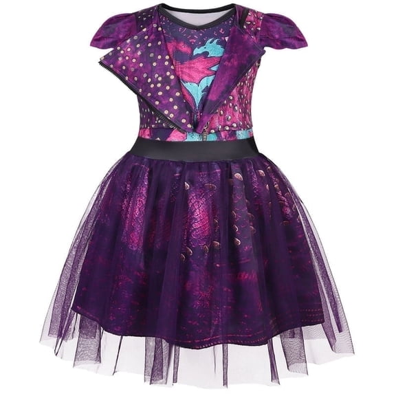 Benylion Descendants Princess Dress Mal Costume for Girls Flutter Sleeve Tulle Dresses Kids Halloween Birthday Party Cosplay Outfit for 5-6 Years