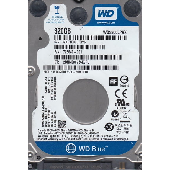 WD3200LPVX-60V0TT0, DCM DAOTJBK, Western Digital 320GB SATA 2.5 Hard Drive