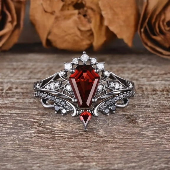 Goth Coffin-Cut Garnet Engagement Ring in 14K Black Gold Vermeil – Vintage Bat & Spider Wedding Ring Set- Unique Gothic Promise Ring