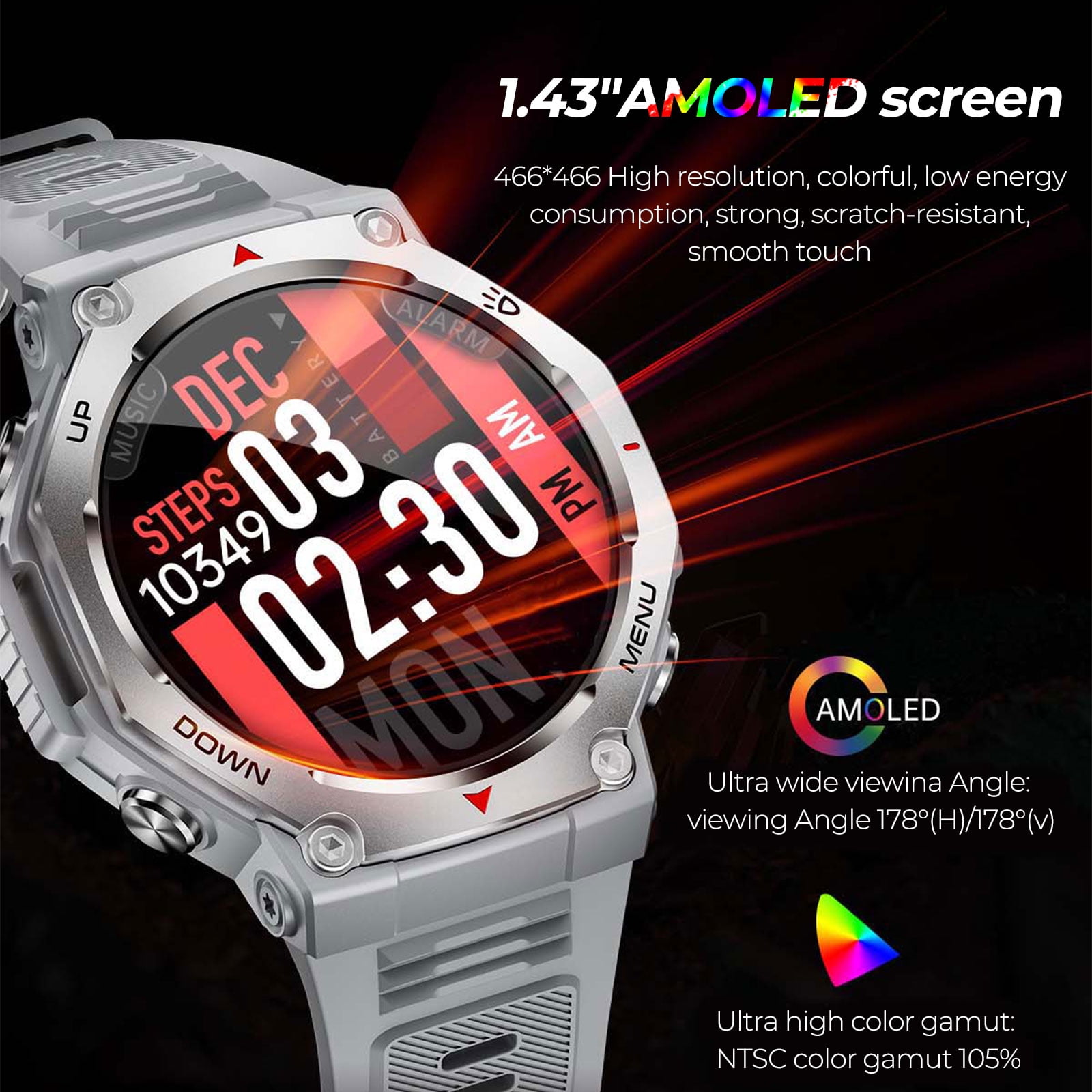 XAXRE KT85 Smart Watches for Man with Wireless Calling, 1.43’’ AMOLED Screen Watch with Flashlight, 5ATM Waterproof Smart Watch Compatible with iOS & Android, 1pc, Gray