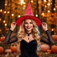 thumbnail image 3 of Halloween Shiny Glitter Satin Pointed Witch Hat with Wide Brim, Wizard Costume Accessory, Eye-catching Headwear for Halloween Party, Holiday Dress Up & Celebrations Red, 3 of 5