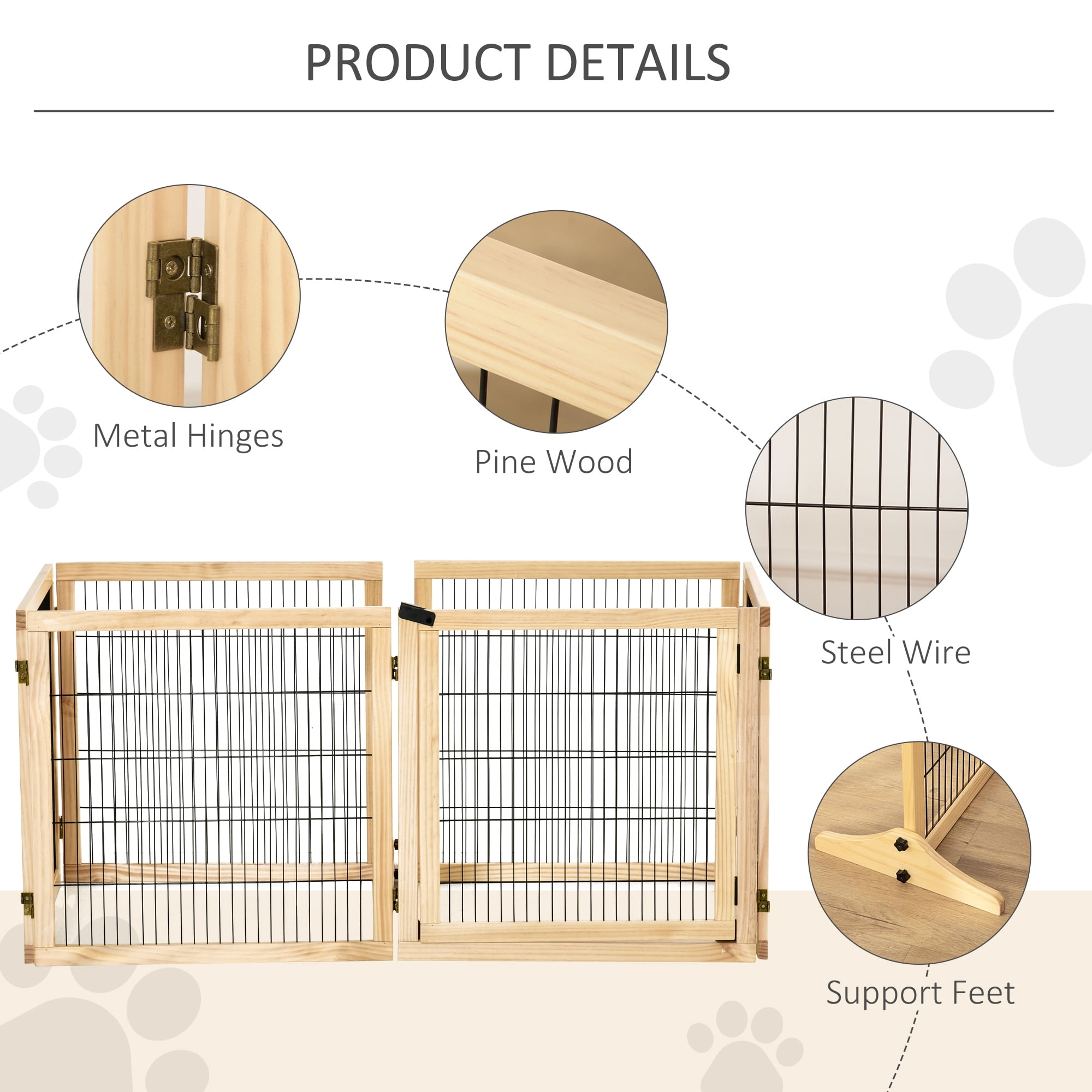 Noaman PawHut 170" Freestanding Wooden Dog Gate, 6-Panel Foldable Pet Safety Barrier with Support Feet for Doorway & Stairs, Natural Wood, Ideal for Small & Medium Dogs