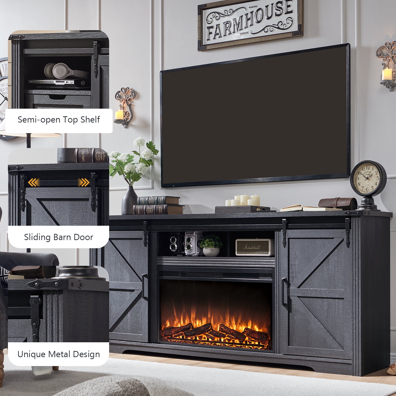 T4TREAM Farmhouse TV Stand for TVs up to 80", Entertainment Center with 30" Electric Fireplace and Sliding Barn Door&4 Drawers Storage Inside, Black
