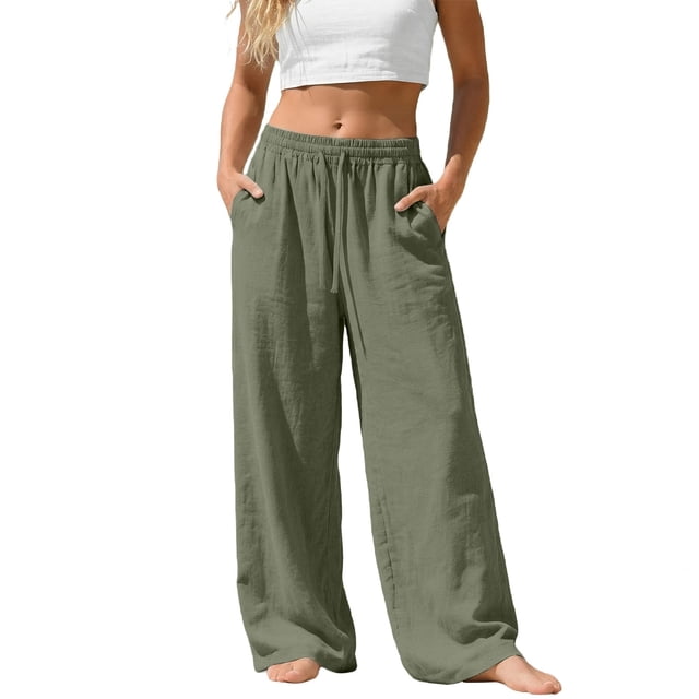 Plus Size Pants, Linen Drawstring Pants with Pockets, Solid Loose Casual Joggers, Breathable Summer Wide Leg Trousers