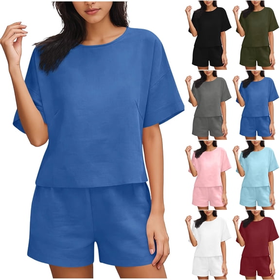 Bloomae Womens 2 Piece Outfits Linen Matching Sets Short Sleeve Crewneck Athletic Tshirt Tops and High Waist Lounge Short Pants with Pockets Beach Vacation Outfit Clothes Army Green S