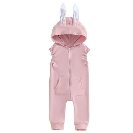 

Wallarenear Baby Easter Hooded Jumpsuit Zip Up Front Pocket 3D Bunny Romper Pants Bodysuit Pink 6-12 Months