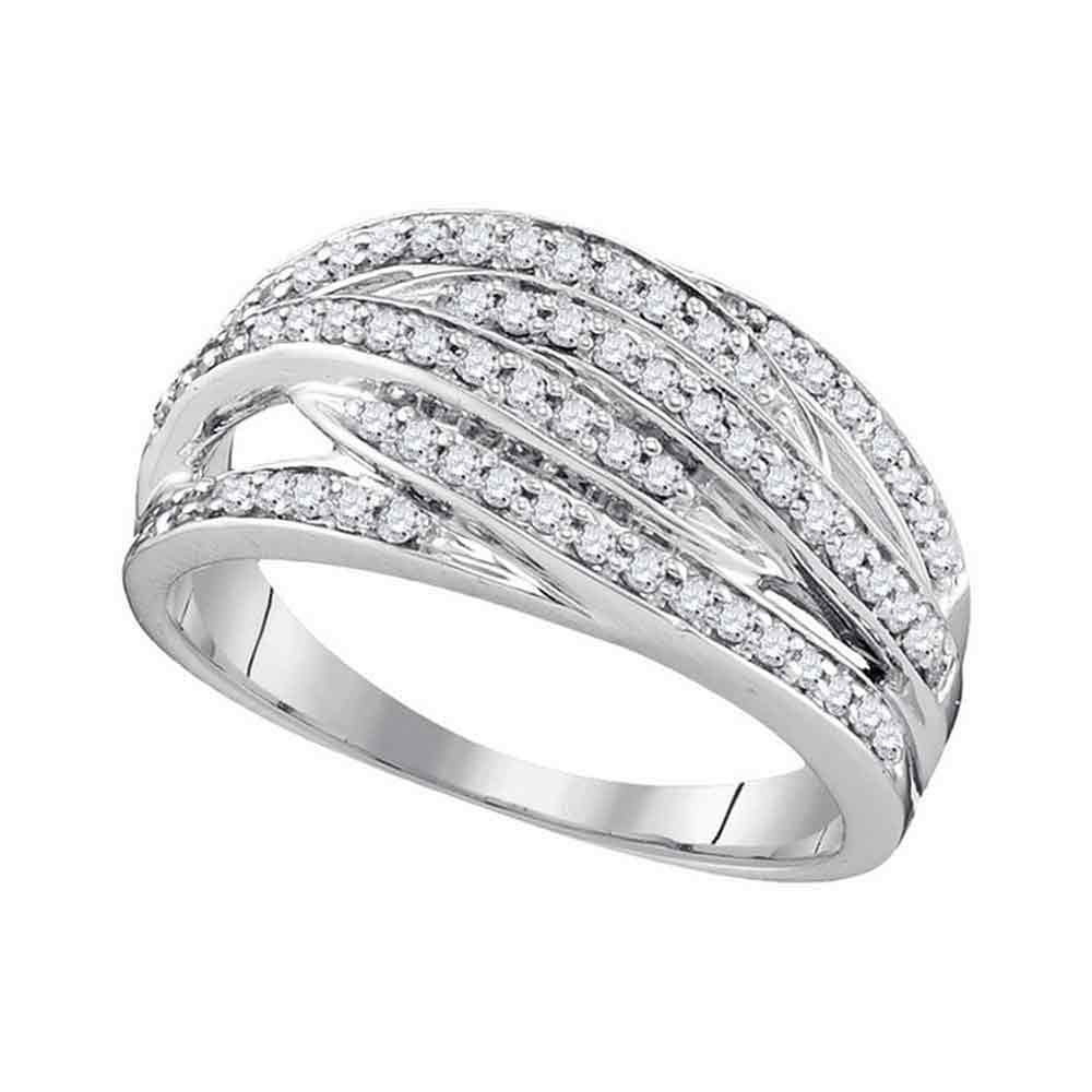 I2 clarity; I-J color Jewels By Lux 10kt White Gold Womens Round Diamond Striped Band Ring 1/10 Cttw In Pave Setting