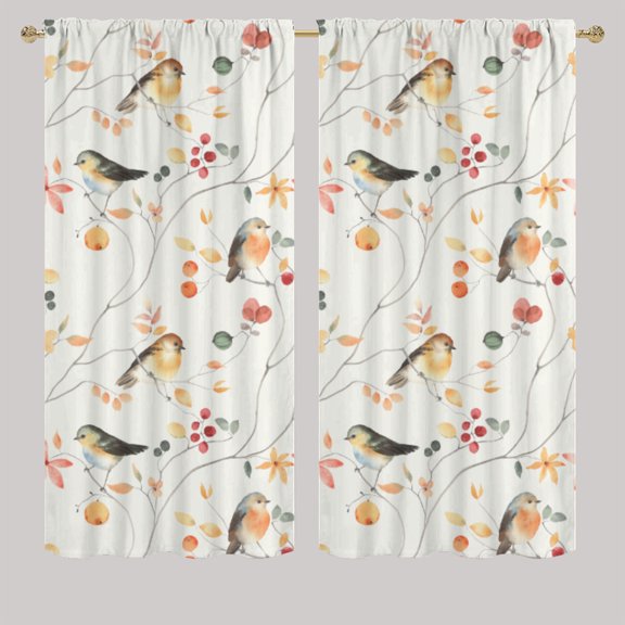 Animal Window Curtains for Bedroom Watercolor Birds on Tree with Yellow Leaves Rod Pocket Window Curtain for Bedroom or Living Room W63 x L63 Inch