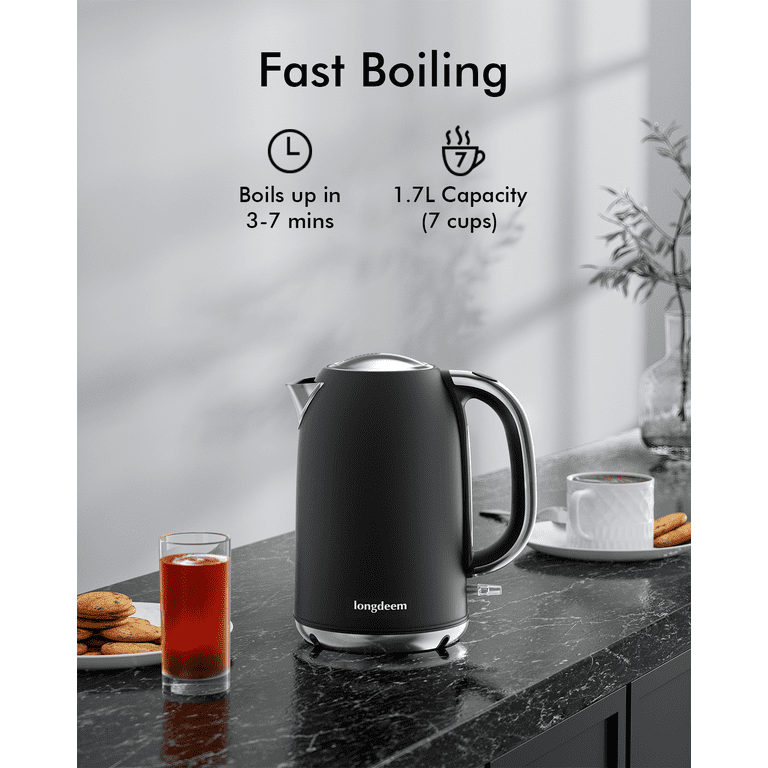 Electric Tea Kettle, Longdeem 1.7L Stainless Steel Water Boiler & Heater, 1500 Watts for Fast Boiling, Auto-Shutoff and Boil-Dry Protection, Cordless